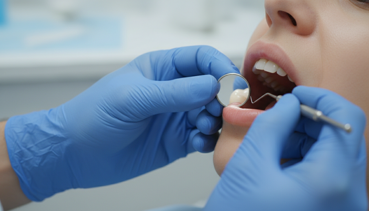 Side view of a dentist examining a molar with a dental mirror
