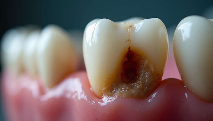 صورة مقربة لسن متسوس يظهر تسوس الأسنان حتى الجذر بوضوح
