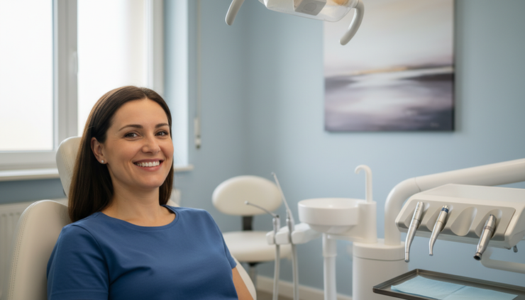 Eye-level view of a relaxed patient smiling in a bright dental treatment room.