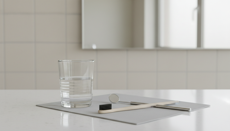 Eye-level view of a glass of water beside a toothbrush and dental mirror.
