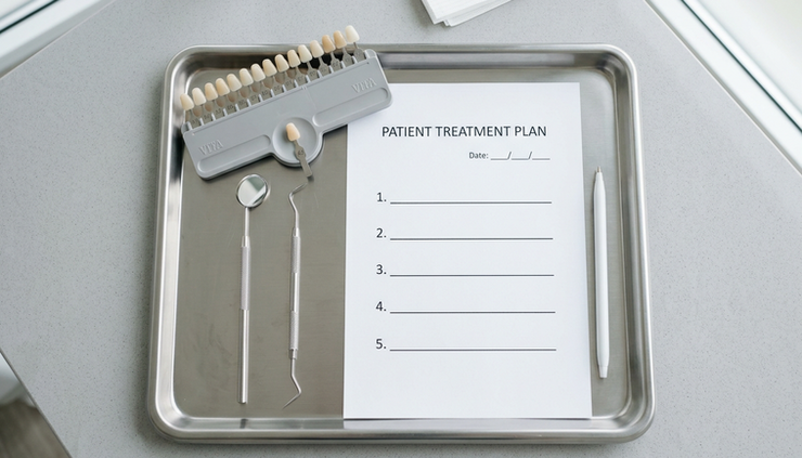 Overhead view of dental tools beside a treatment plan form.