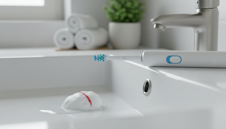 Eye-level view of a toothbrush beside a sink with a small trace of blood in toothpaste foam