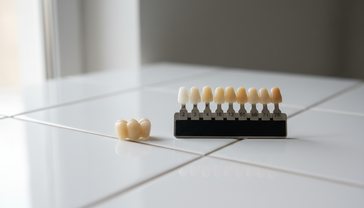 Overhead view of a temporary tooth crown beside a dental shade guide