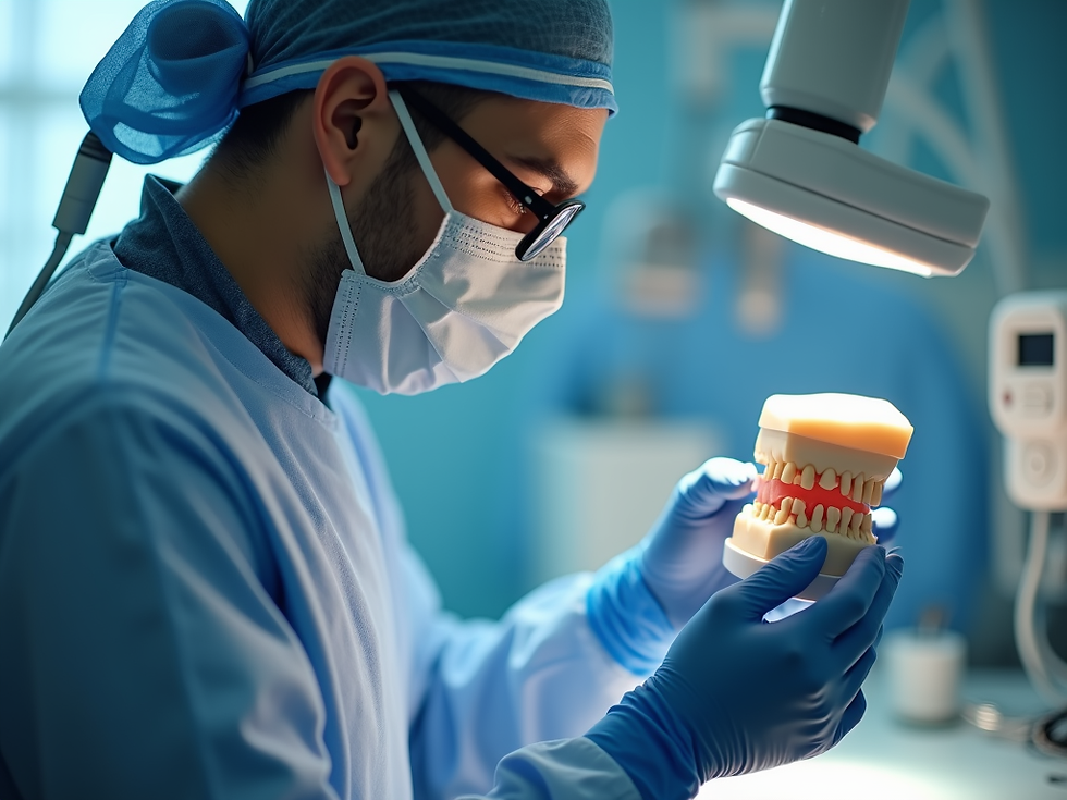 Dentist in blue scrubs and mask examines a dental model under a bright lamp. The setting is clinical, focused, and professional.
