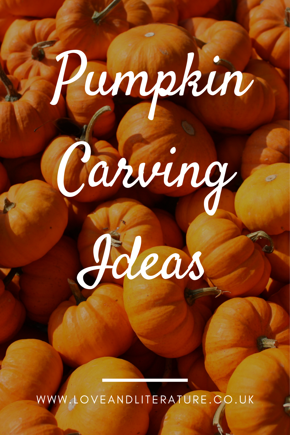 Pumpkin Carving Ideas Pin, Pumpkins background, text at front centre
