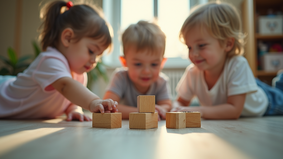 Eye-level view of children playing with building blocks