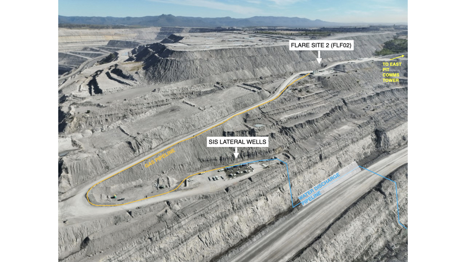Aerial view of SIS Lateral Wells and Flare Site 2 at Bulga Project with gas pipeline and water discharge pipeline routes marked.