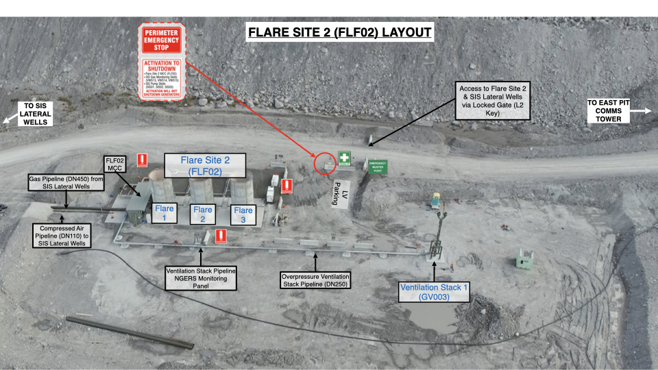 Detailed layout of Flare Site 2 showing flares, ventilation stack, gas pipeline, and access points at Bulga Project.