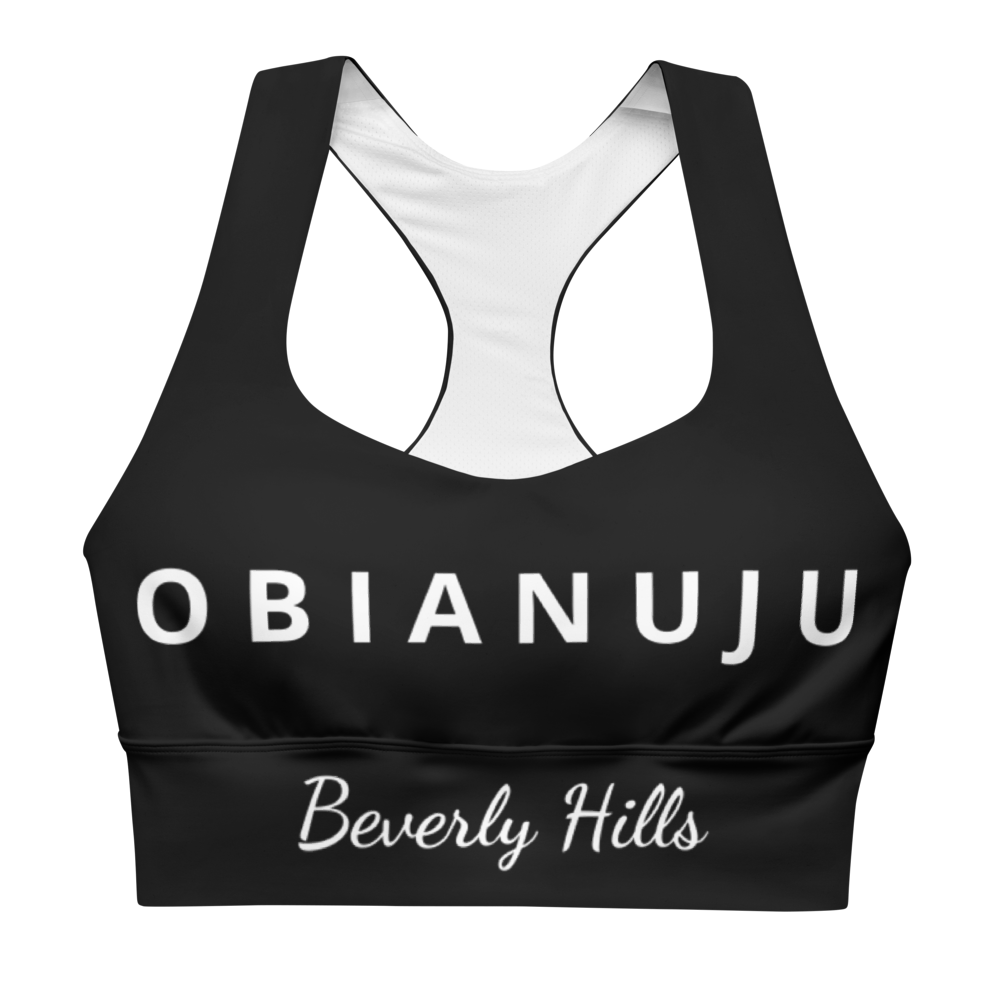 OBIANUJU Beverly Hills Longline Sports Bra in Black. OBIANUJU'S Activewear Collection.