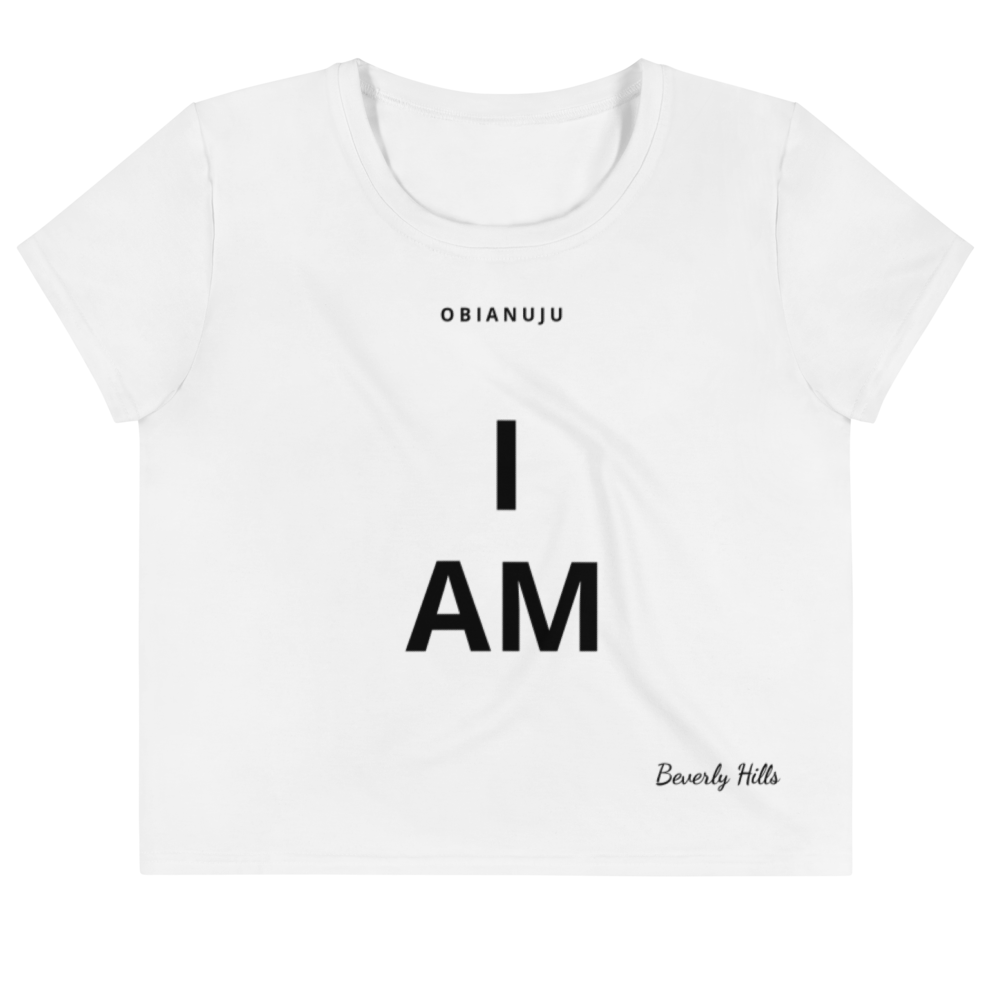 I AM Crop Tee in white by OBIANUJU Beverly Hills