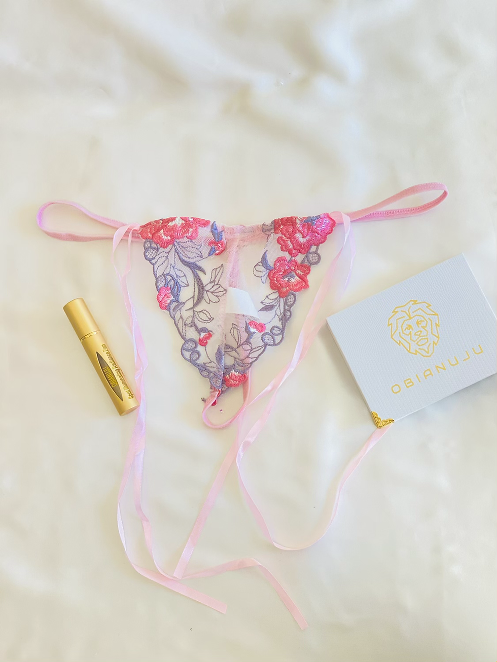 Thumbnail: Floral pink and purple 3-piece lingerie set