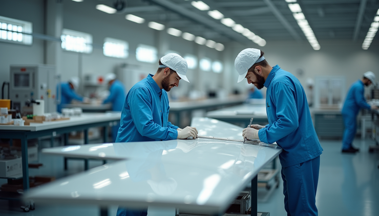 Eye-level view of aerospace engineers assembling aircraft wing components in a clean room