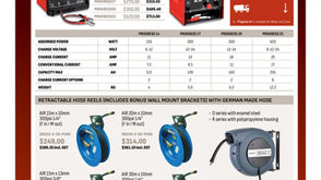 The works flyer Issue 50 Page 1 showing battery chargers and retractable hose reels