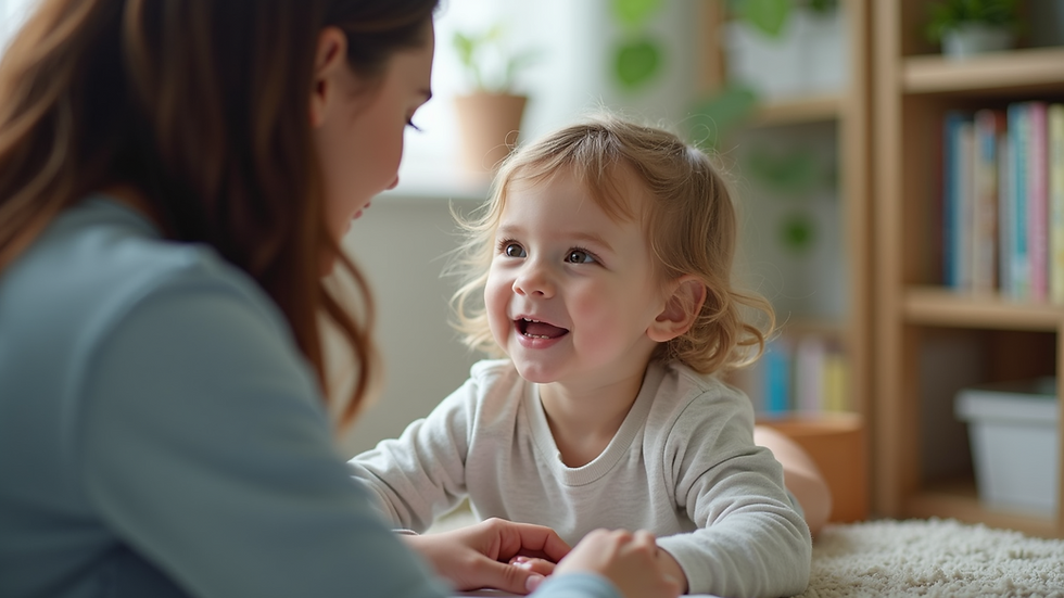 Eye-level view of a child engaging in speech therapy with a therapist