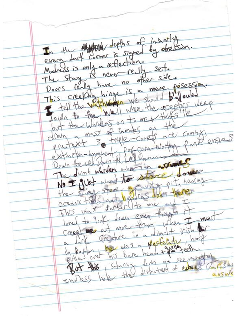 Warden Doors prose on lined paper