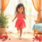 Smiling girl in a pink dress walks indoors, surrounded by pomegranates. Bright sunlight streams through orange-curtained windows.