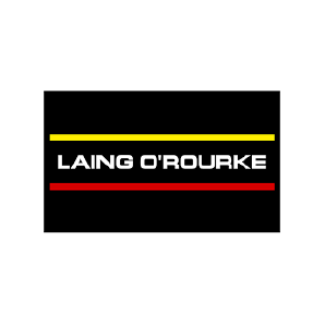 Laing O'Rourke logo on black background with yellow and red lines.