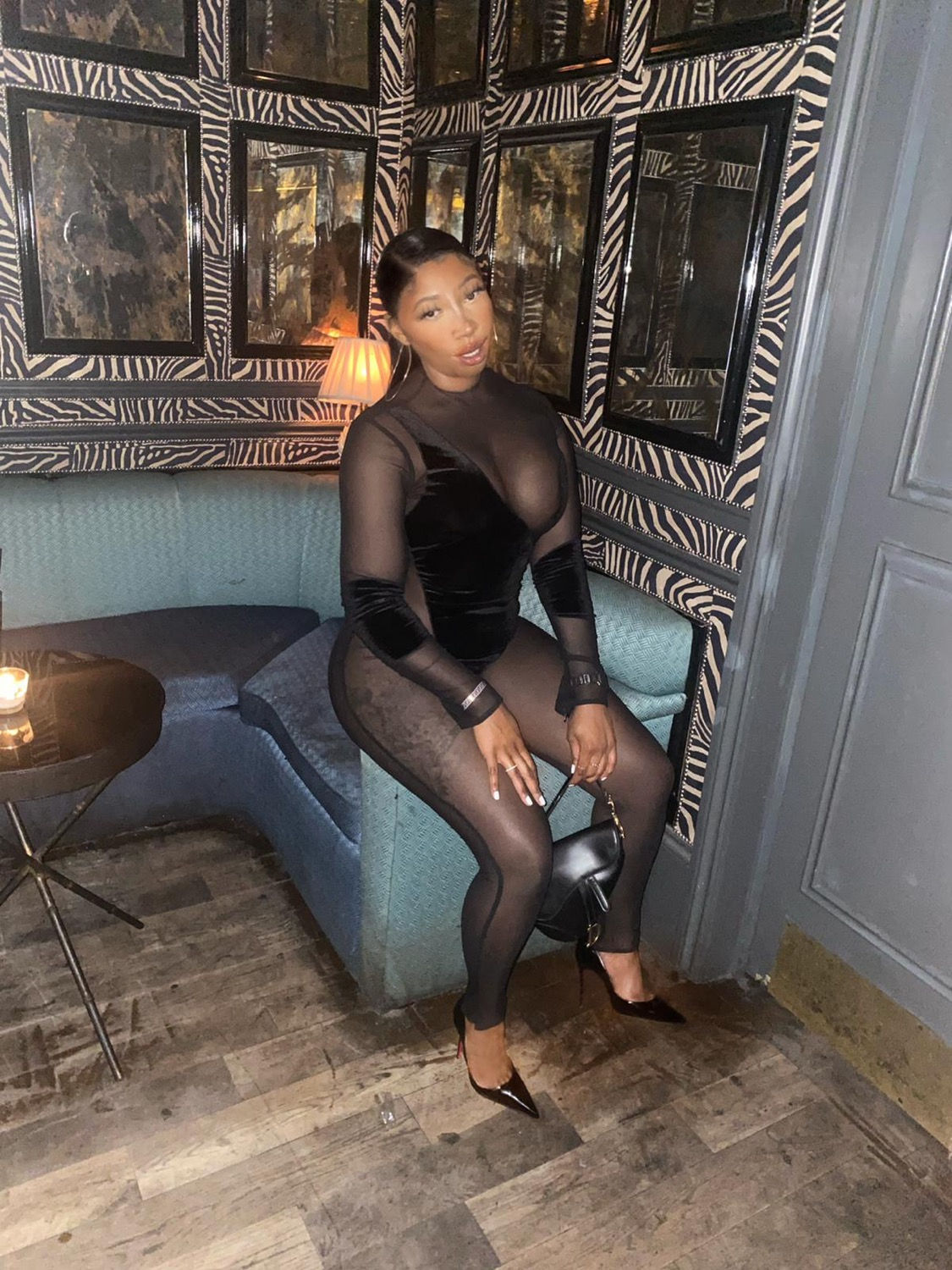 Black mesh / velour jumpsuit cuffed neck