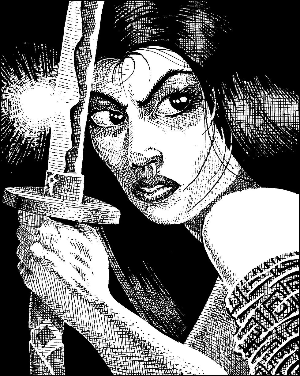 A samurai woman looks off to her right