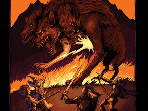 The beast-god Zhy-Kyvash, three-headed hyena demon, fights an adventuring party consisting of a wizard, fighter, archer, and monk.