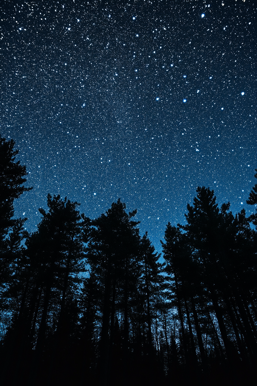 Star-filled night sky above a silhouette of pine trees, viewed from a dark forested area.