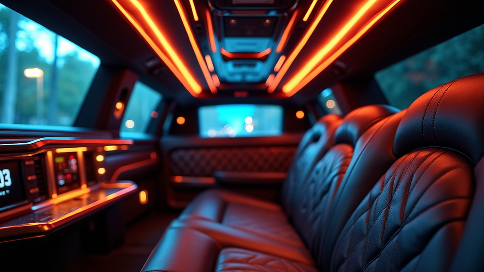 Eye-level view of a luxurious limousine interior with leather seats and ambient lighting