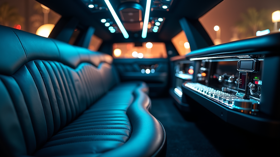 Close-up view of a limousine interior with elegant lighting and plush seats