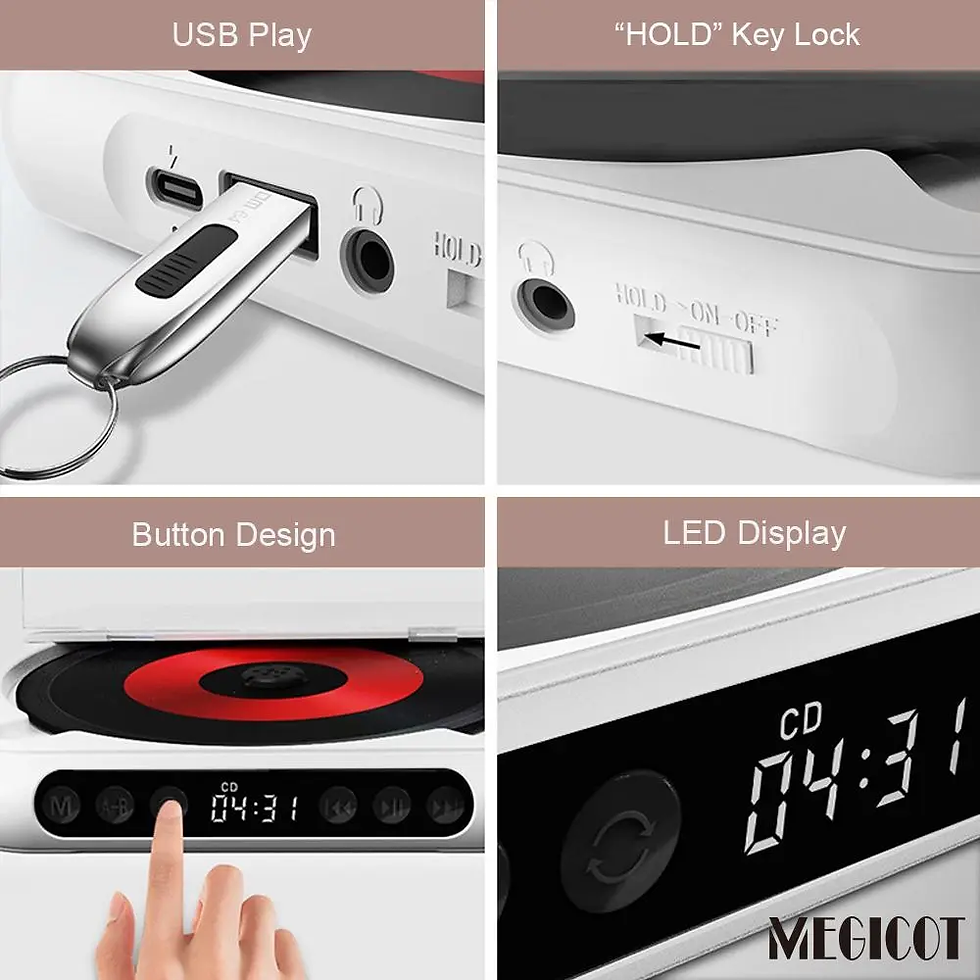 Thumbnail: MEGICOT Portable Bluetooth-Compatible CD Player, Multifunction Rechargeable CD P