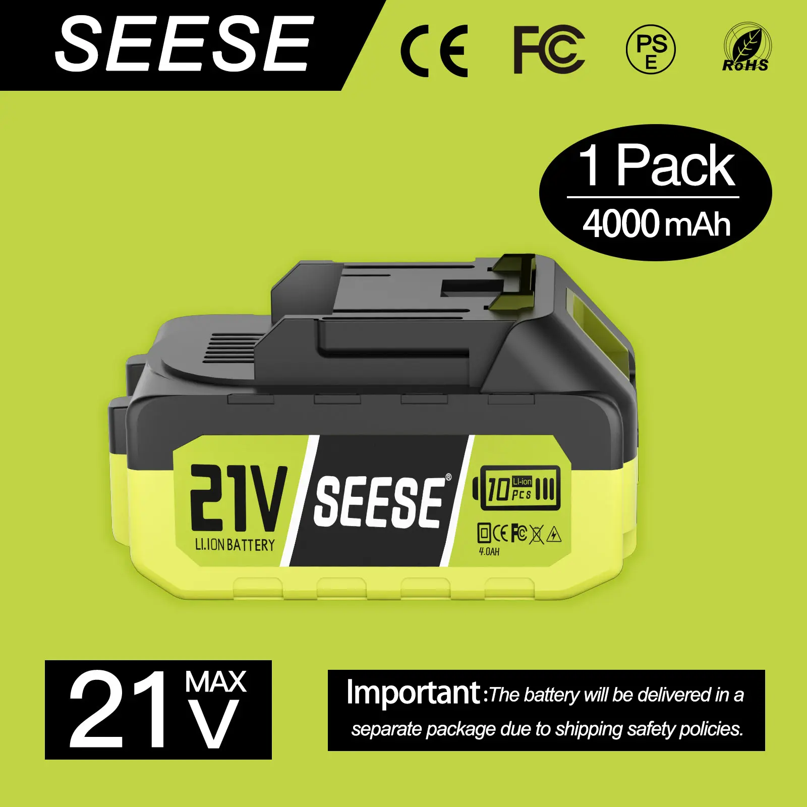 SEESE 21V Max 4.0Ah Rechargeable Lithium Battery Pack, High-Capacity Replacement