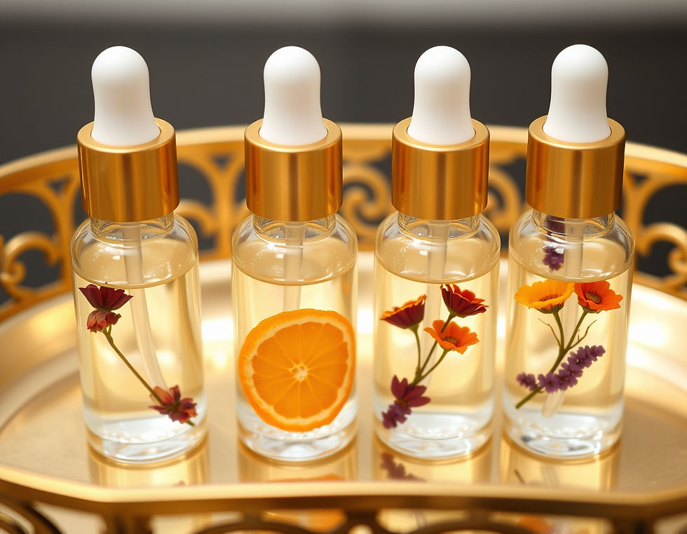 Amber dropper bottles on a wooden table, surrounded by green leaves. Warm, natural lighting creates a calm and organic atmosphere.