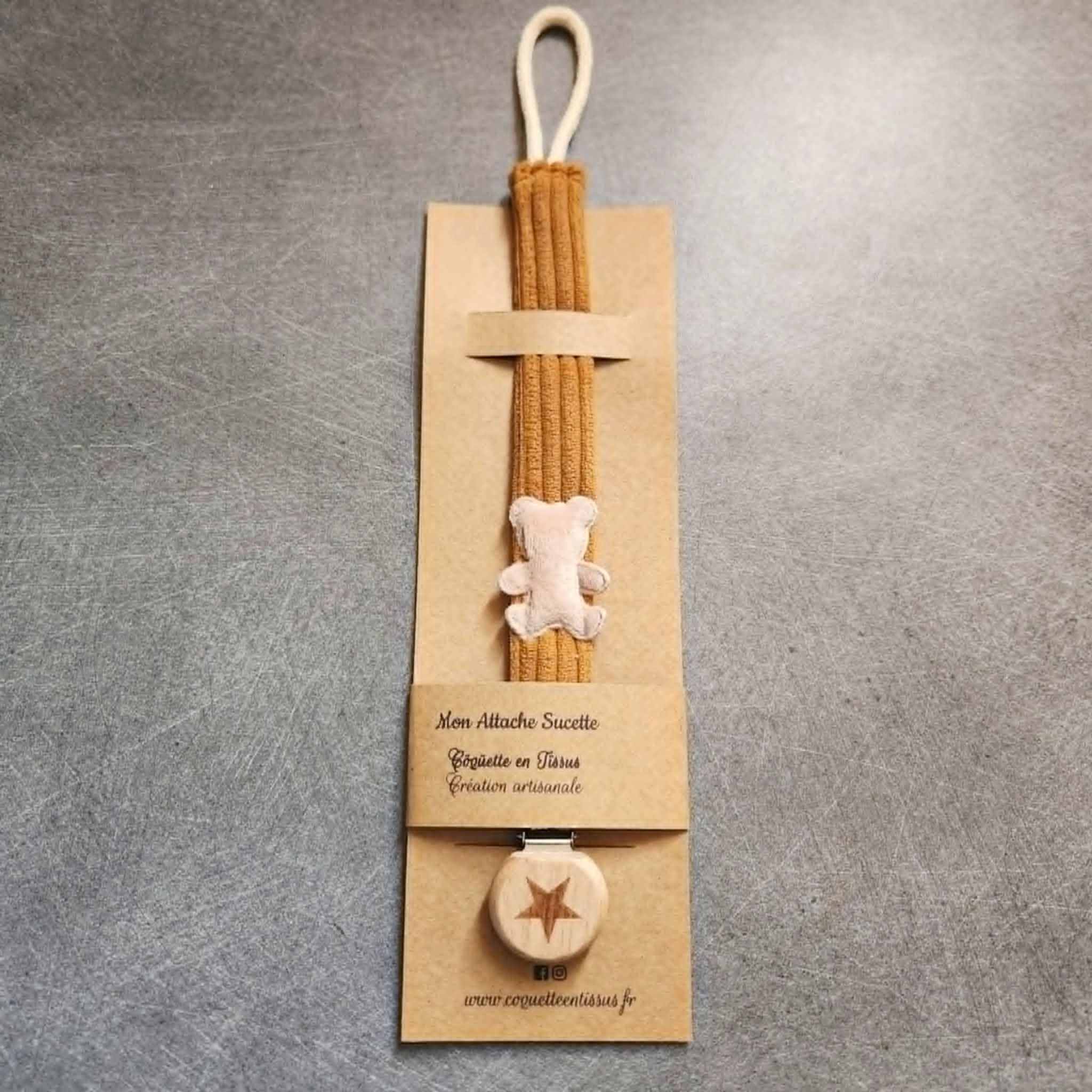 Attache sucette - Velours Cognac et Ourson