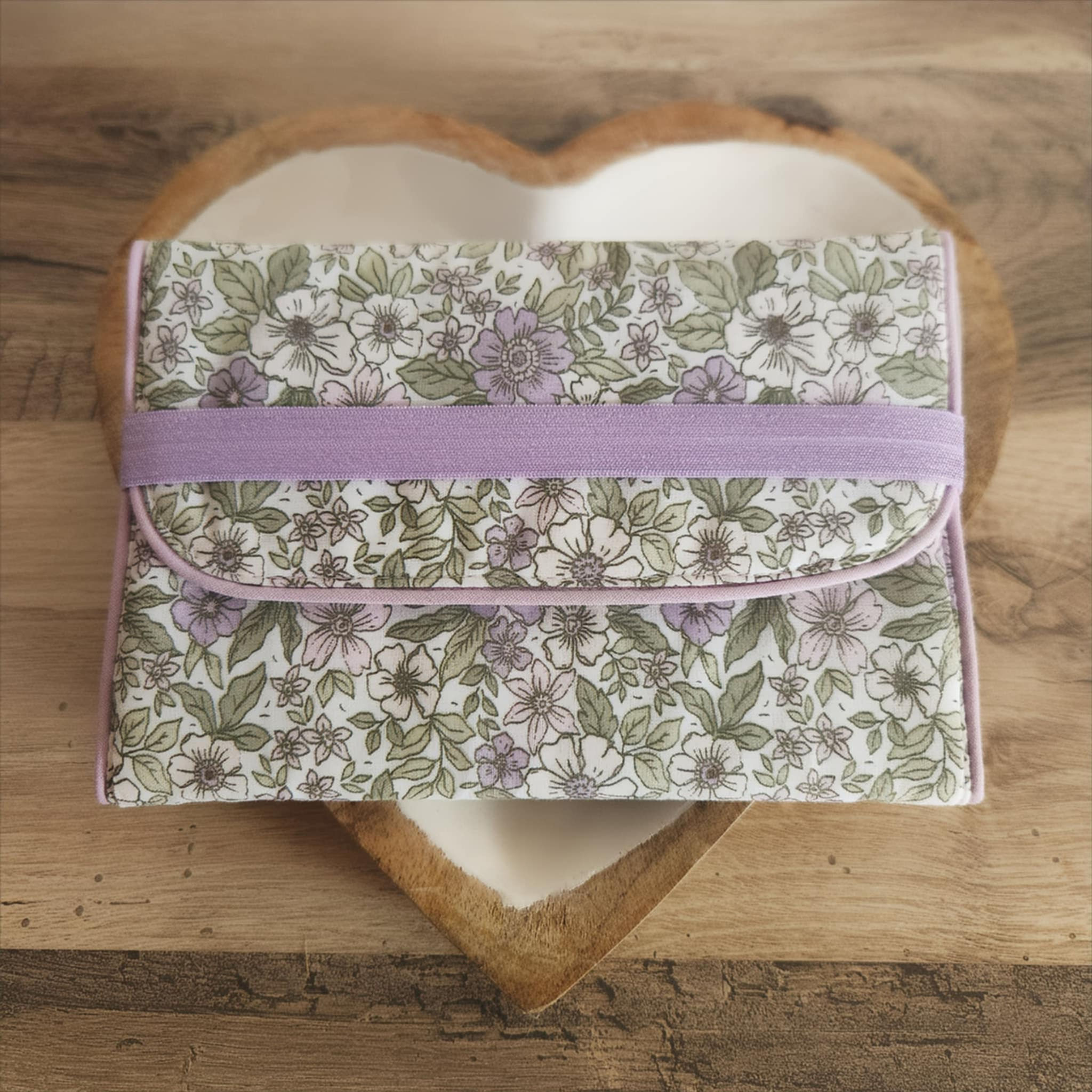 Pochette à barrettes - Fleurs vertes et parmes