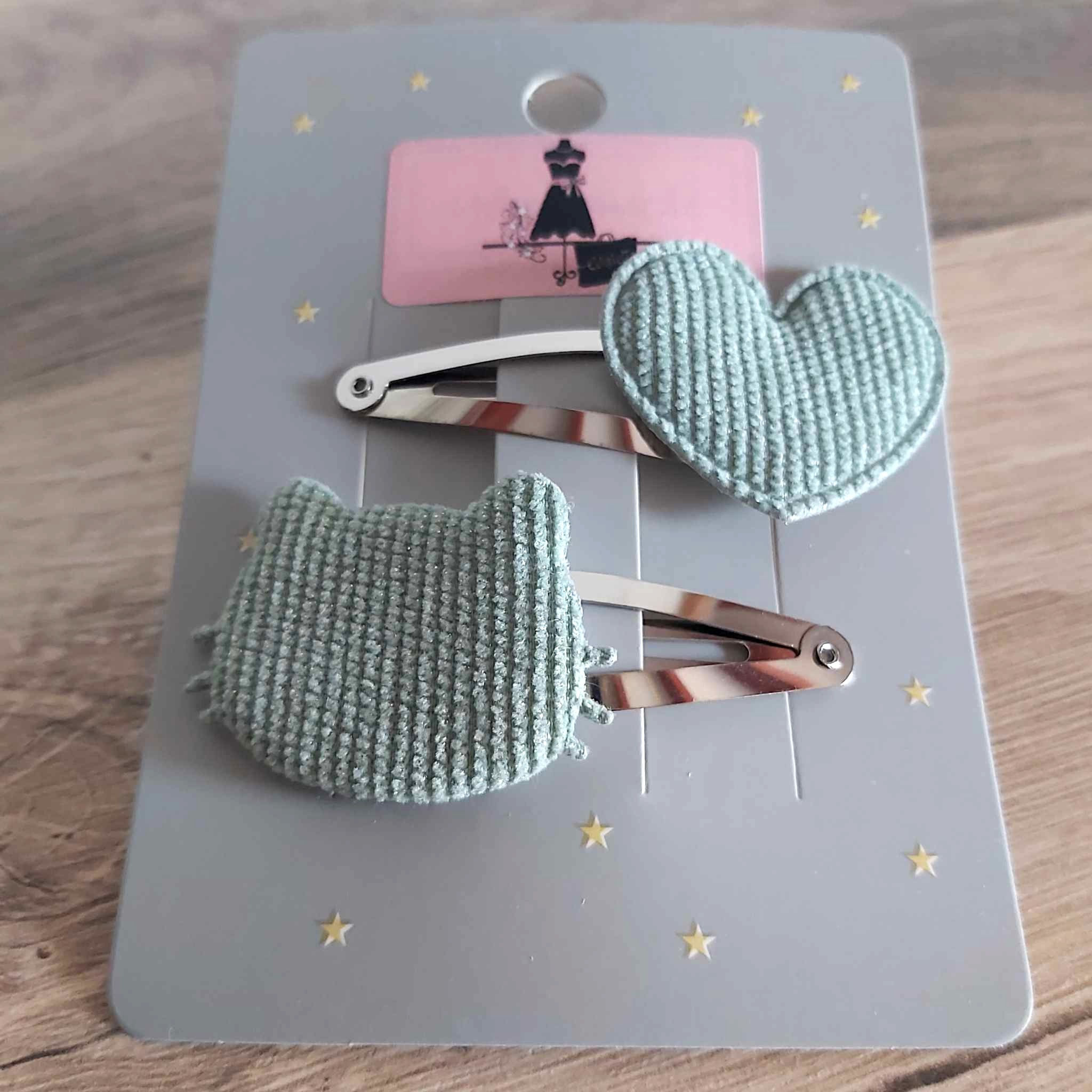 Lot de 2 barrettes - Cœur et tête de chat velours vert tilleul