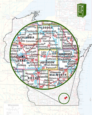 A zoomed in map of Wisconsin, showing the geographic region that Wisco Vending Services serves. 