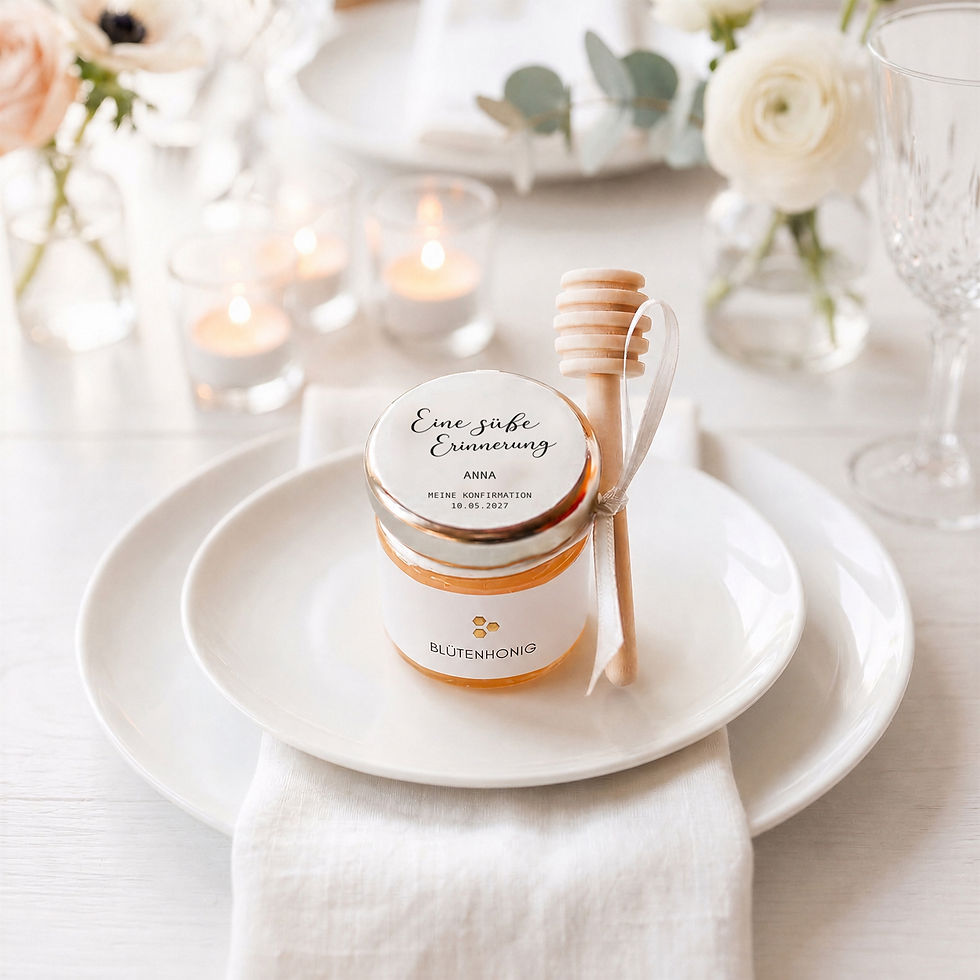 Personalisierbares Honig-Gastgeschenk für Hochzeit, Kommunion, Konfirmation, Taufe oder Geburtstag.