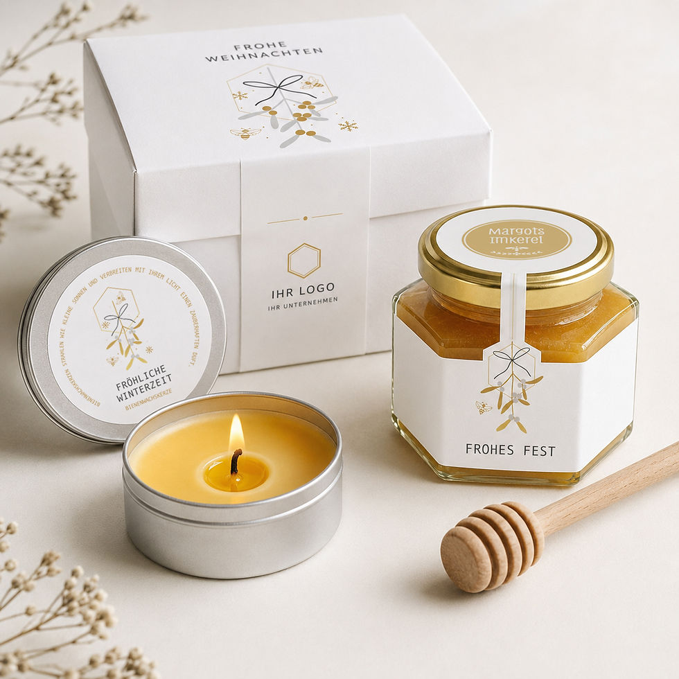 Firmengeschenk mit Honig gesucht? Nachhaltiges Weihnachtsgeschenk mit Bio-Honig und Bienenwachskerze – personalisierbar