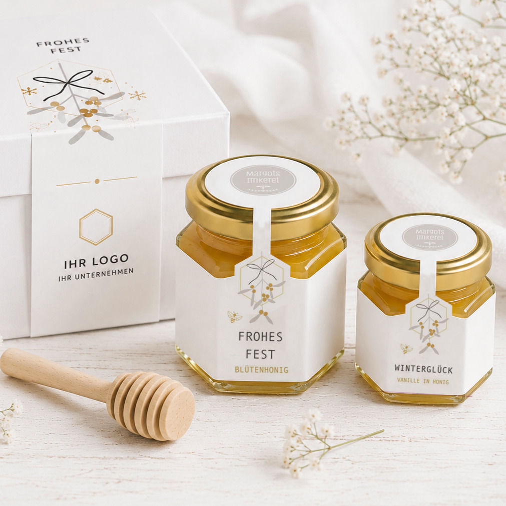 Festliches Honig-Geschenkset zu Weihnachten mit Bioland-Honig, Winterglück Vanille in Honig, Mini-Honiglöffel personalisiert