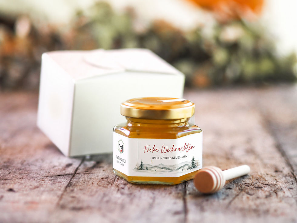 Personalisiertes 115-g-Honigglas zu Weihnachten mit Firmenlogo und individuellem Weihnachtsmotiv