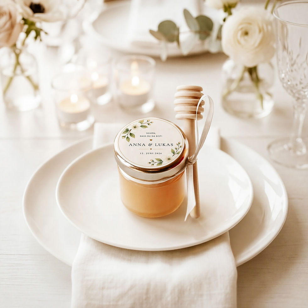 Personalisiertes Honig-Gastgeschenk zur Hochzeit mit floralem Etikett und Namen auf dem Deckel
