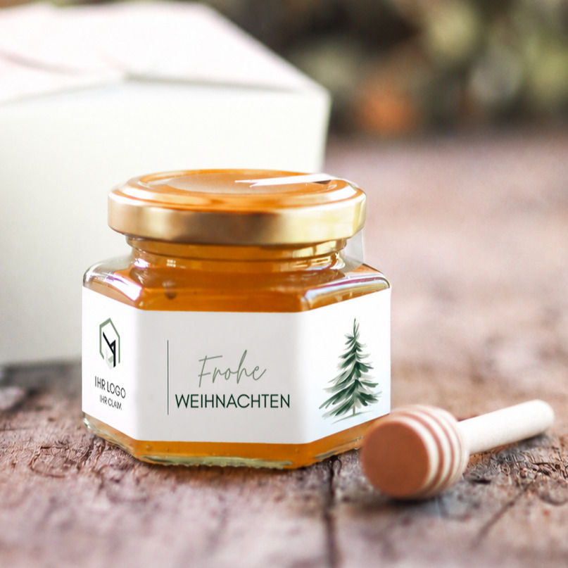 Personalisiertes 115-g-Honigglas als Firmengeschenk zu Weihnachten mit Geschenkbox und Honiglöffel