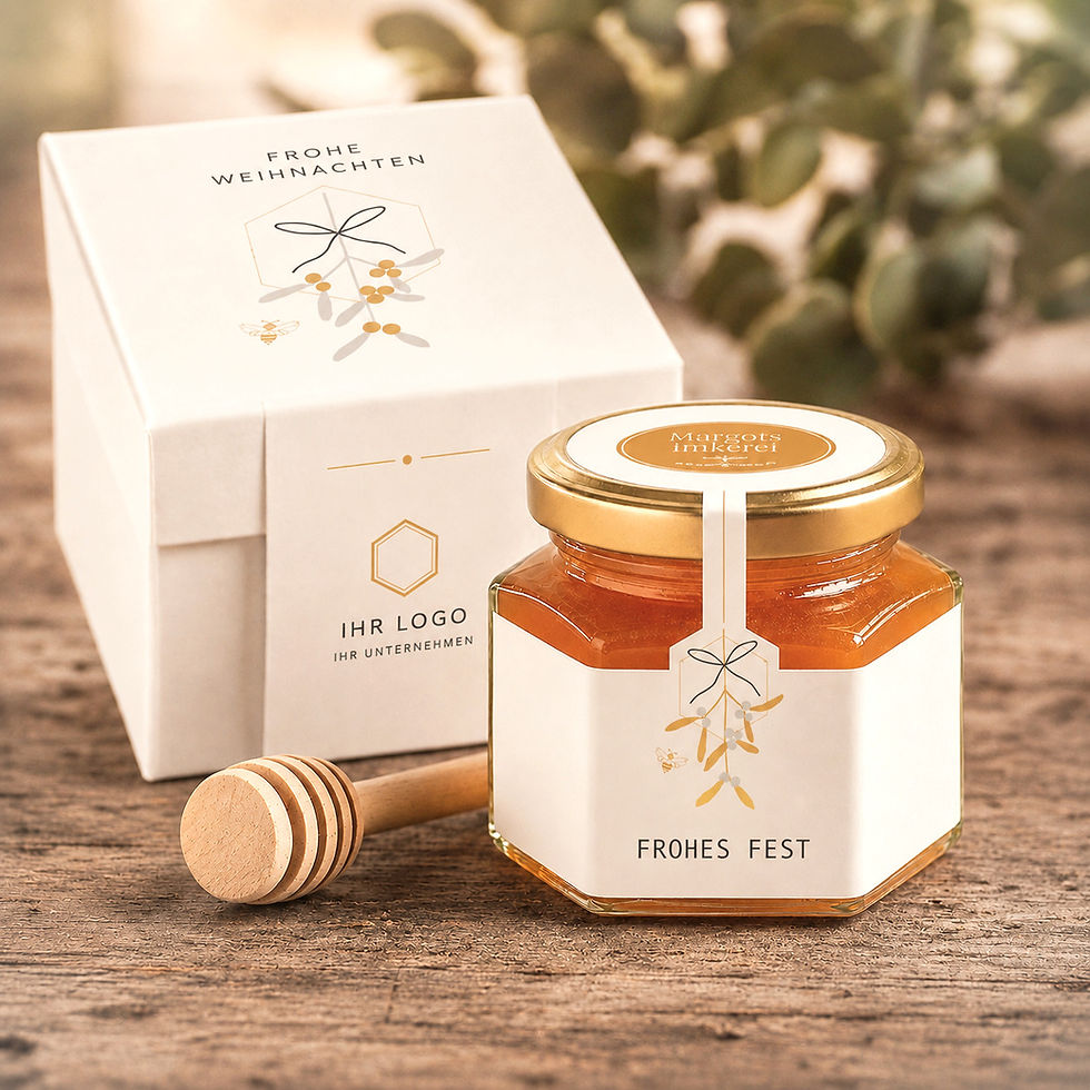 Individuelles Weihnachtspräsent für Unternehmen mit Bio-Honig im Sechseckglas und hochwertiger Geschenkverpackung.