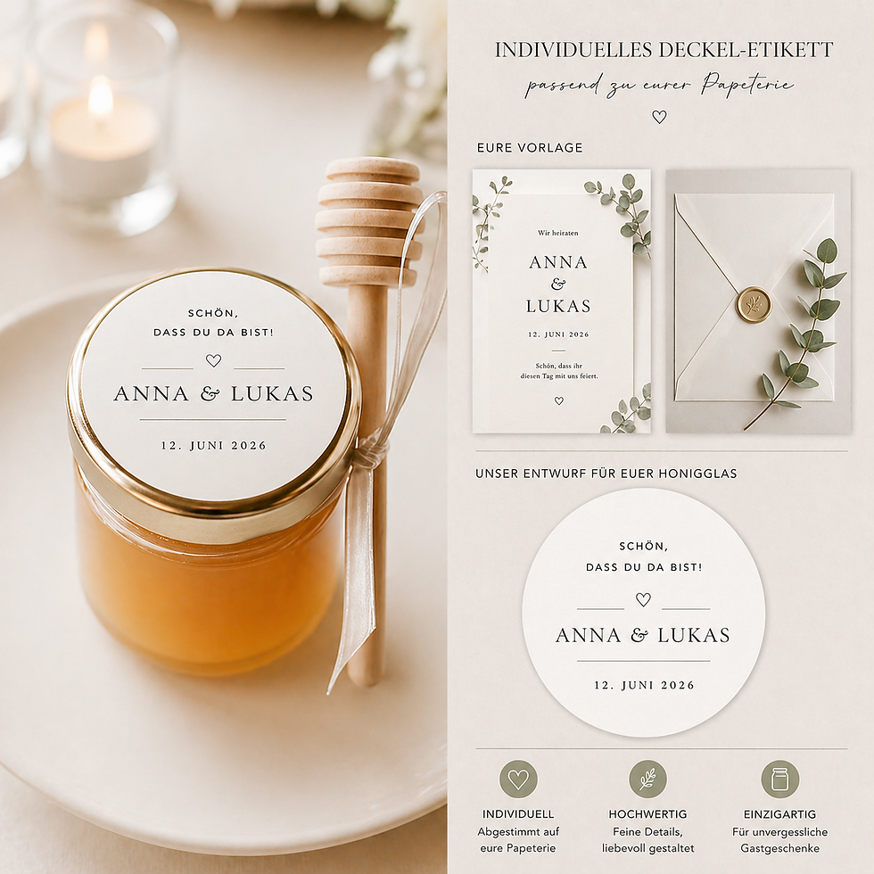 Miniaturbild: Honig als Gastgeschenk Hochzeit personalisiert – individuelles Deckeletikett passend zur Hochzeitspapeterie