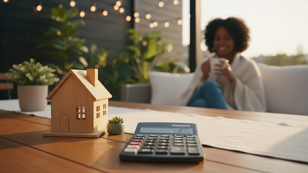 Close-up view of a calculator and house model on a wooden table