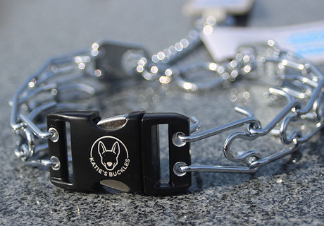 A dog training prong collar with a black buckle