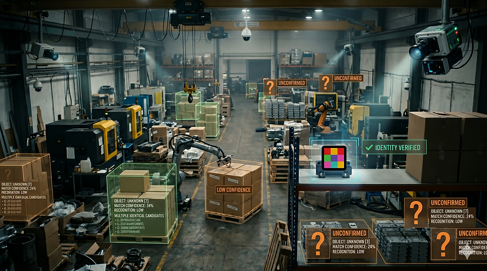 Industrial warehouse scene showing machine vision systems scanning many similar objects with uncertainty while one object has a verified identity marker.