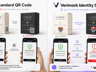 Copied QR code appearing on both an authentic product and a counterfeit product, showing how copied codes can preserve valid scan behavior.
