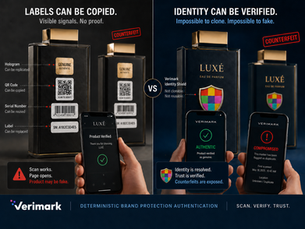 Brand protection authentication comparison showing a copyable product label versus identity resolution with a clear verification verdict.