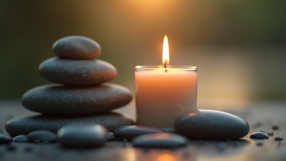 Close-up view of a softly lit candle and smooth stones arranged for relaxation