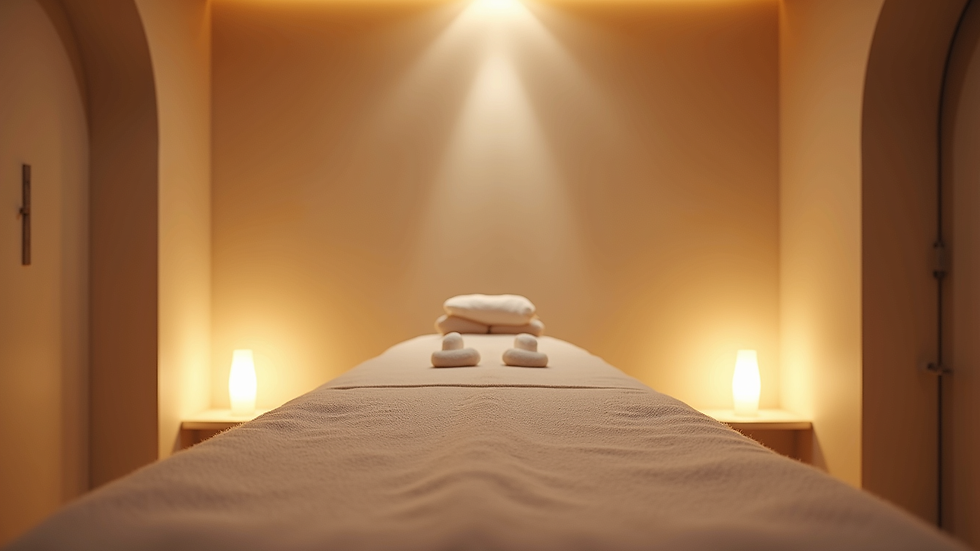 Eye-level view of a serene spa room with massage table and soft lighting