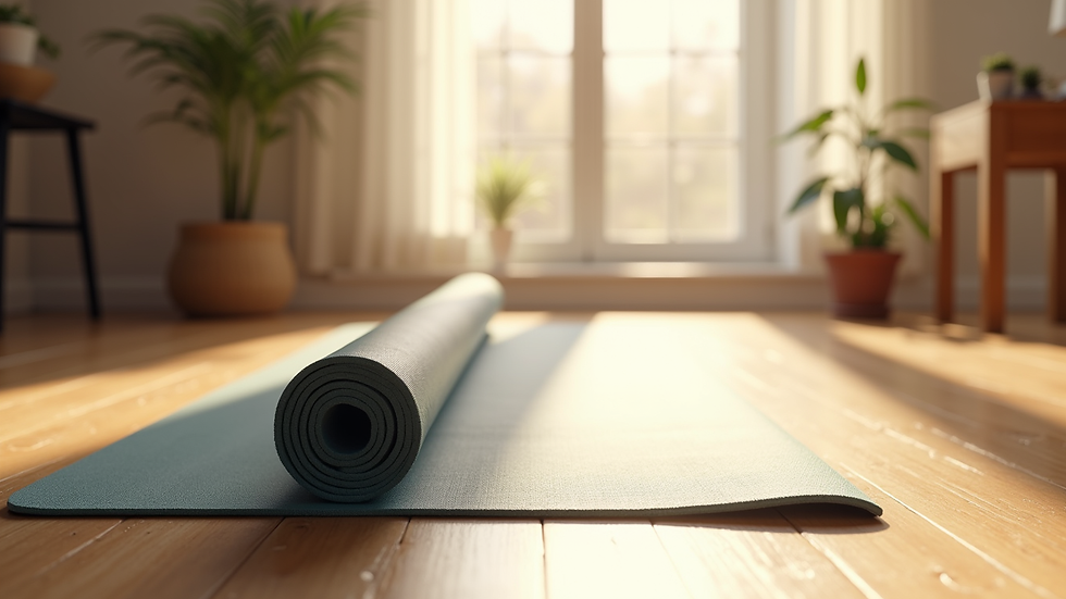 Eye-level view of a peaceful yoga mat rolled out in a sunlit room